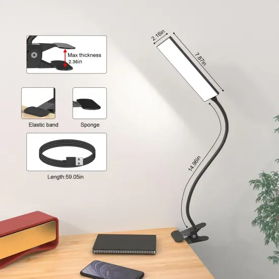 LED Desk Lamp with Eye-Caring LED Light and Metal Clip, 11 Level Brightness 3 Color Modes, Power by USB Port 5W Flexible Gooseneck Reading Light for Home and Office (5W, Black) {5}
