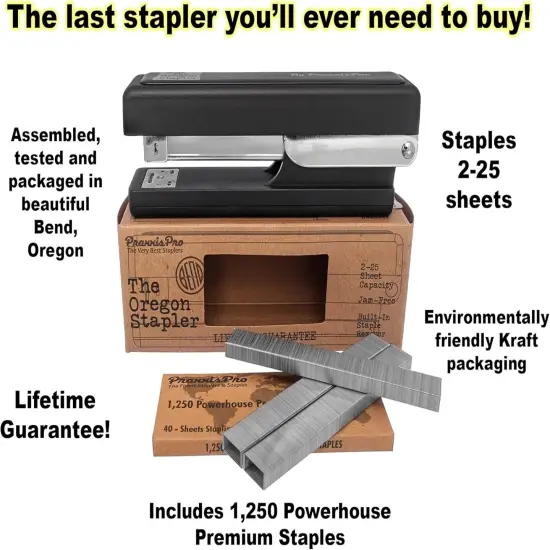 Stapler, Built in USA, Built-in Staple Remover, Staples 2 to 25 Sheets, includes Box of 1,250 "Powerhouse" Standard 26/6 Staples, for Home, School or Office, Black {5}