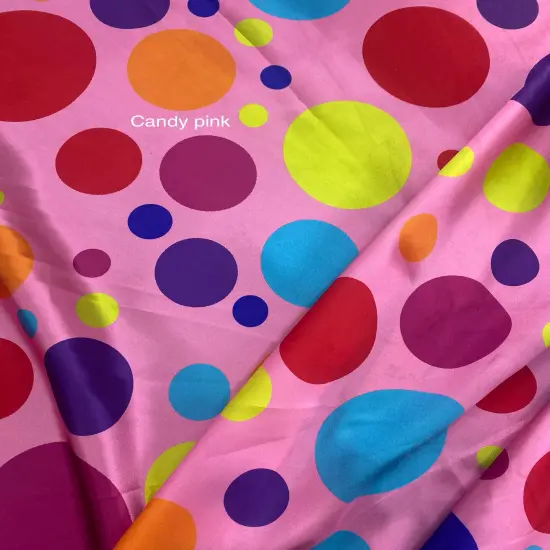 1 Yard Multicolor Polka Dot Satin Fabric Candy Pink Background Lightweight Semi Shiny Polyester 58 Inch Width {1}