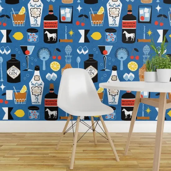 Peel & Stick Wallpaper 2FT Wide Retro Cocktails Bartending Novelty Mcm Midcentury Modern Spirits Bartender Olives Lemons Bar Cart Restaurant Kitchen Shot Glass Whiskey Gin Custom Removable Wallpaper by Spoonflower {1}