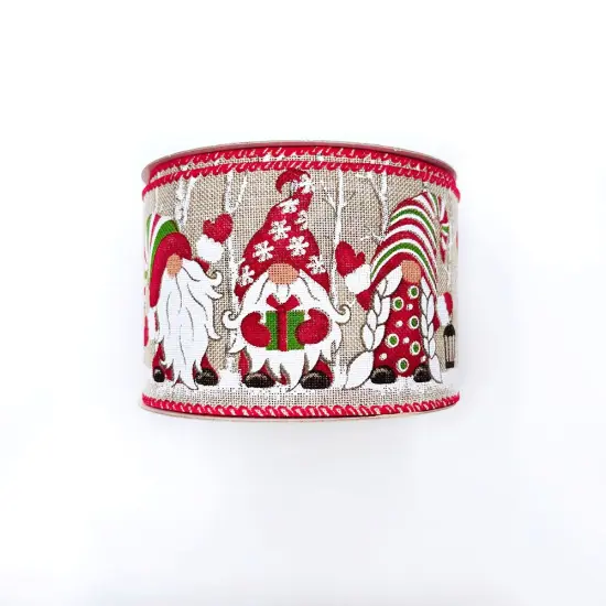 Designer&rsquo;s Shop WR 63-5203 Christmas Gnome Wired Edge Ribbon &ndash; 2.5" x 10 Yards &ndash; Red Green Striped Hats & Holiday Lanterns on Natural Burlap {2}