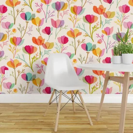 Peel & Stick Wallpaper 2FT Wide Watercolor Floral Botanical Garden Poppy Mid Century Modern Stained Glass Layered Textured Summer Spring Hand Painted Bloom Flowers Feminine Custom Removable Wallpaper by Spoonflower {1}