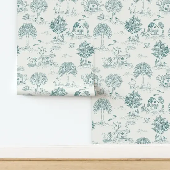 Peel & Stick Wallpaper 2FT Wide Whimsical Traditional Toile Animals Forest Woodland Trees Fairy House Deer Mushroom Cottagecore Fox Cat Birds Vintage Flowers Playroom Nursery Custom Removable Wallpaper by Spoonflower {2}