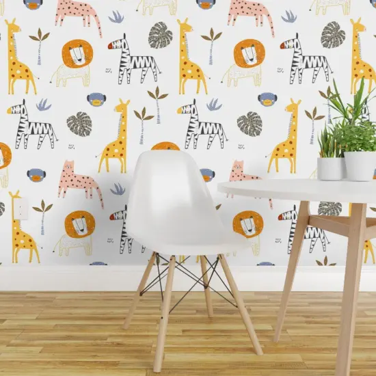 Peel & Stick Wallpaper 2FT Wide Whimsical Animals Scandi Kids Baby Playroom Jungle Leopard Giraffe Zebra Monkey Lion Palm Safari Zoo Novelty Hand Drawn Dots Nursery Nature Custom Removable Wallpaper by Spoonflower {1}