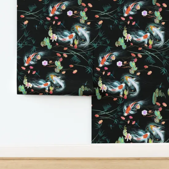 Pre-Pasted Wallpaper 2FT Wide Black Koi Fish Japanese Floral Large Scale Decorative Carp Chinoiserie Water Garden Custom Pre-pasted Wallpaper by Spoonflower {2}