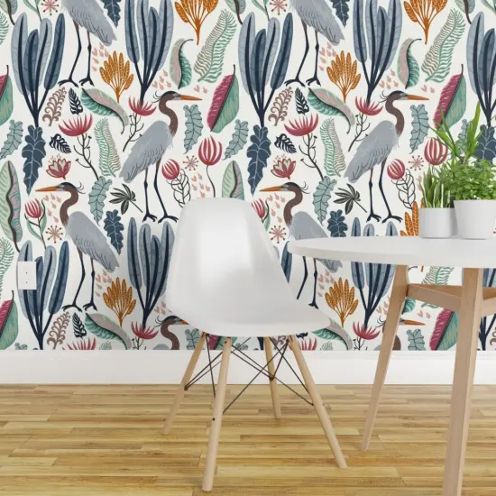 Peel & Stick Wallpaper 2FT Wide Heron Botanical Large Scale Cranes Marshland Habitat Custom Removable Wallpaper by Spoonflower {1}