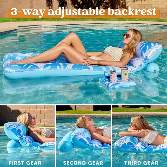 Adjustable Backrest Pool Floats - Tropical Leaves Pool Lounger Floaties Adults with Cup Holders, Inflatable Tanning Float Rafts Chair Beach Lake Lounge {2}