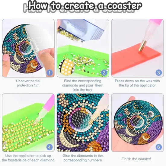 8 Pieces Diamond Art Coaster Kit with Holder DIY Sun and Moon Diamond Art Coaster Gifts 5d Diamond Dot Coaster for Beginners Adults Kids Art Table Home Craft Gift Supplies {3}