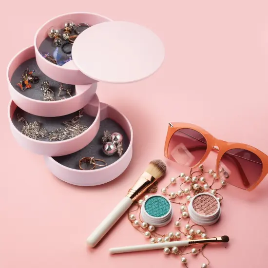 Zodaca 4 Layer Jewelry Storage Organizer, 360 degree Rotating Tiered Jewelry Trinket Tray, Small Plastic Ring Bracelet Earring Holder for Women, Pink {7}