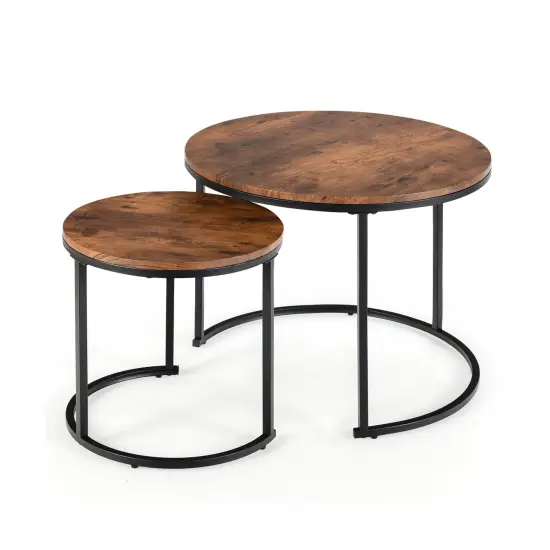 Set of 2 Modern Round Stacking Nesting Coffee Tables for Living Room Rustic Brown {1}