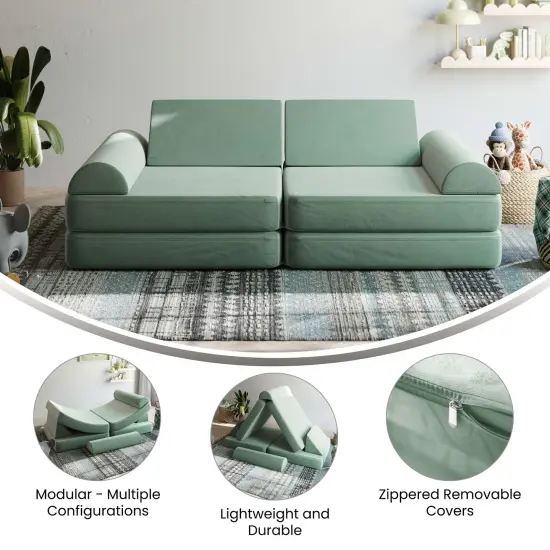 Emma and Oliver Conner Modular Play Couch for Kids with Convertible 6-Piece Design and Soft Foam Cushions Sage {5}