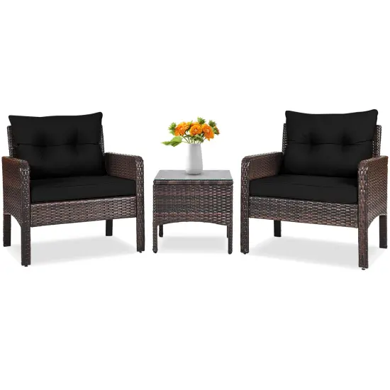 3 Pieces Outdoor Patio Rattan Conversation Set with Seat Cushions Black {8}
