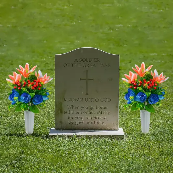Artificial Cemetery Flowers for Grave, Set of 2 Artificial Flowers Bouquet Memorial Flowers with Vase for Outdoor Cemetery Headstones Graveyard Gravestone Decoration {4}