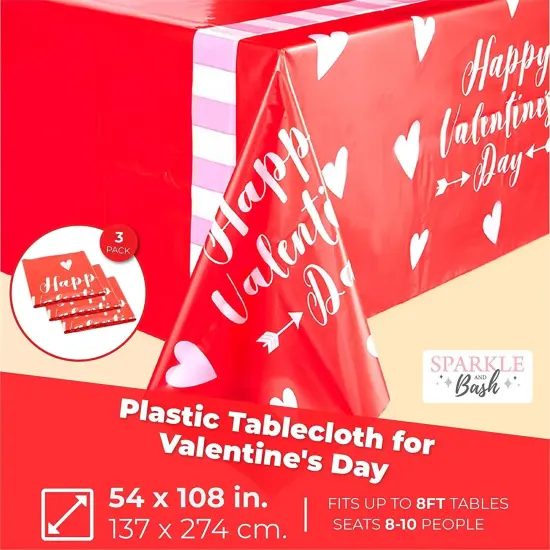3 Pack Happy Valentines Tablecloth for Rectangular Tables, 54 x 108 in Disposable Plastic Table Cover for Valentines Table Decorations White {2}
