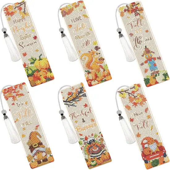 6 Pcs Autumn Themed Diamond Painting Bookmarks Pumpkin {1}