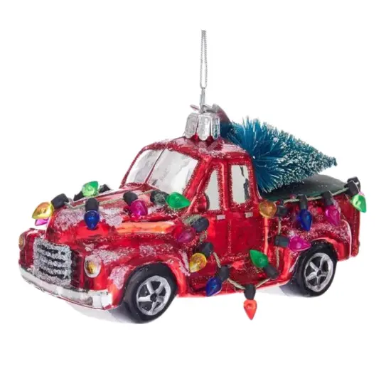 Noble Gems 2.5 Inch Truck Carrying Trees Ornament Christmas Tree Ornament , Bottle Brush Lights Red {2}