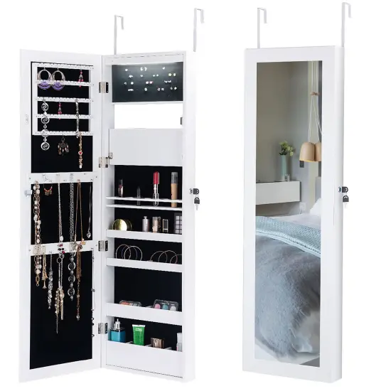 Costway Wall Door Mounted Mirror Jewelry Cabinet Organizer LED Lights {7}