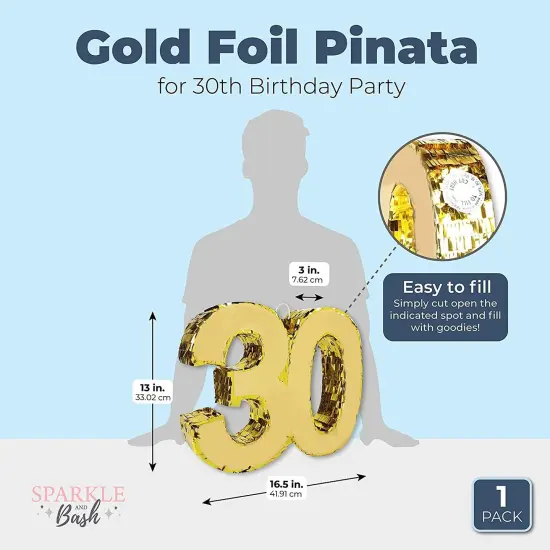 Gold Foil Number 30 Pinata for 30th Birthday Party Decorations, Anniversary Celebrations (Small, 16.5 x 13 x 3 In) {4}