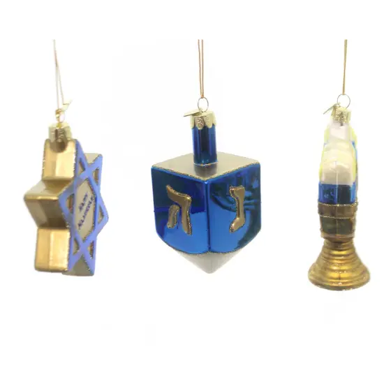 Noble Gems 4.5 Inch Hanukkah Ornament Set/3 Tree Ornament , Menorah Dreidel Star Blue {2}
