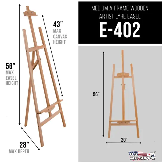 56" High Medium A-Frame Wood Easel, Lyre Style Studio Easel - Wooden Artists Floor Stand, Sturdy Beechwood, Adjustable Height To 43" Canvas - Painting, Drawing, Sign Display Holder {2}