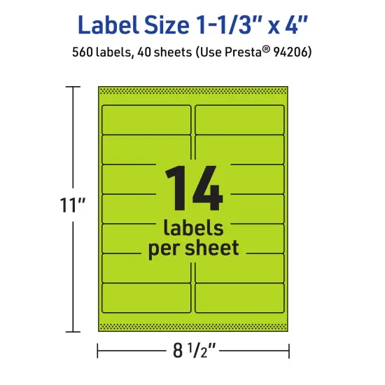 Avery Bright Green Paper Labels, 1-1/3" x 4" Rectangle {5}