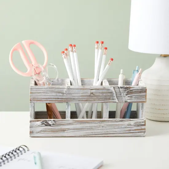 Rustic-Style Desk Pencil Holder with 3 Compartments - Farmhouse Decor and Wooden Organizer for Pen and Office Accessories {3}