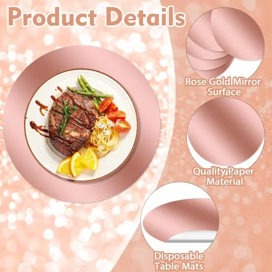 50 Pcs Round Rose Gold Placemats,13.3" Mirror Foil Decorative Place Mats Mirrored Disposable Paper Placemats {2}