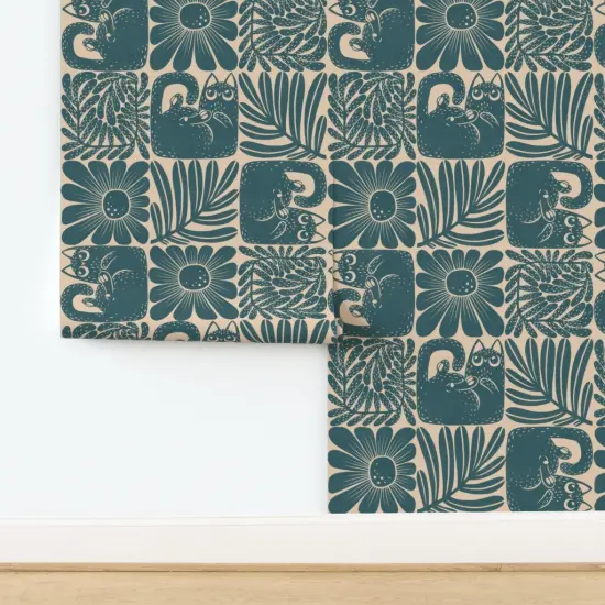 Pre-Pasted Wallpaper 2FT Wide Teal Block Print Retro Petrol Floral Cat Cream Squares Modern Leaves Custom Pre-pasted Wallpaper by Spoonflower {2}