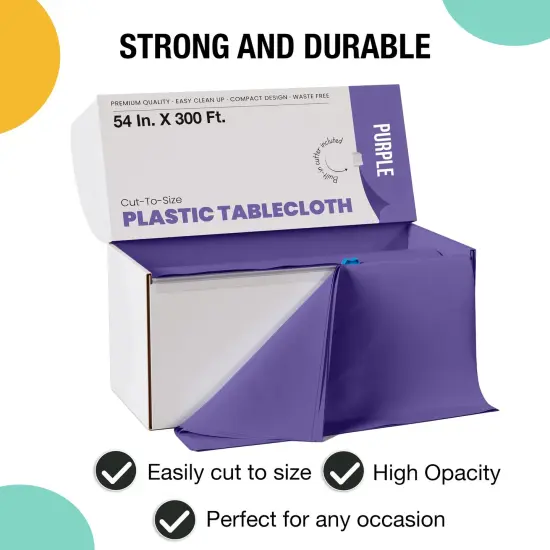  Party Solids 54" x 300' Plastic Table Cover Roll with Slide Cutter &ndash; Cut-to-Size Dispenser Box &ndash; Makes Up to 36 Disposable 8' Rectangle Tablecloths by Exquisite Purple {3}