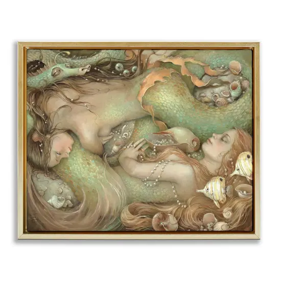 Stupell Industries Two Mermaids Underwater Framed Floater Canvas Wall Art Gold Floater Frame {1}