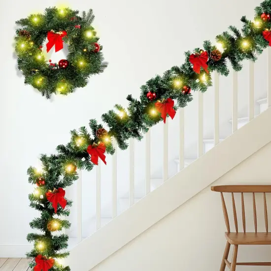 15ft Outdoor Christmas Garland with 100 Warm LED Pre-lit Artificial Christmas Garlands Decor Green Frosted {4}