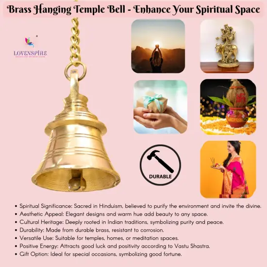 Hanging Brass Bell Hindu Religious Temple Pooja Ghanti with Chain Indian Mandir Decor Wall Mounted Temple Ghanta Ritual Outdoor Indoor Jingle Bell Housewarming Gift {6}