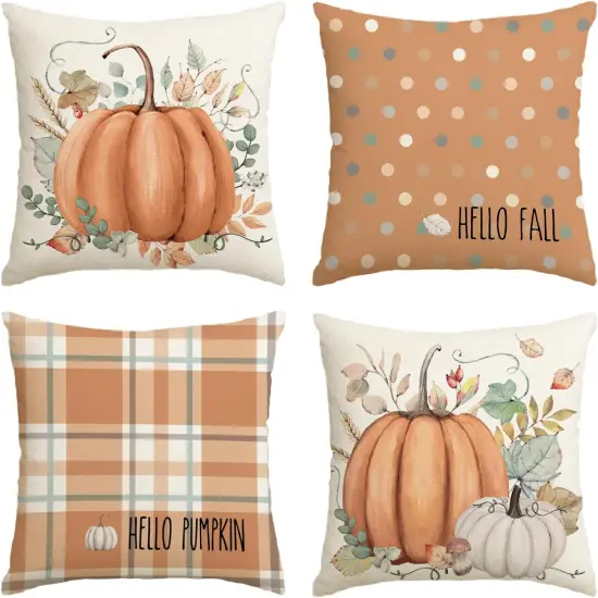Set of 4 - Hello Fall Hello Pumpkin Throw Pillow Covers, 20 x 20 Inch {1}