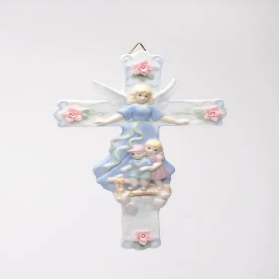 Ceramic Guardian Angel Watching Over Children Cross, Religious Decor or Gift, Baptism Gift {3}