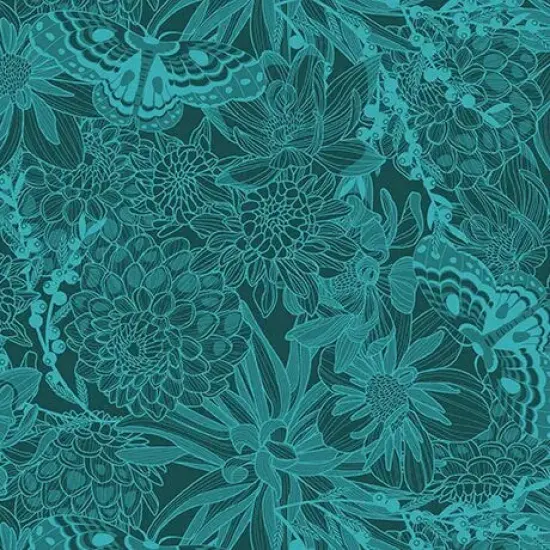Dark Teal Dahlias at Dusk Tonal Floral & Butterflies Cotton 44"/45" Fabric Per Yard {1}