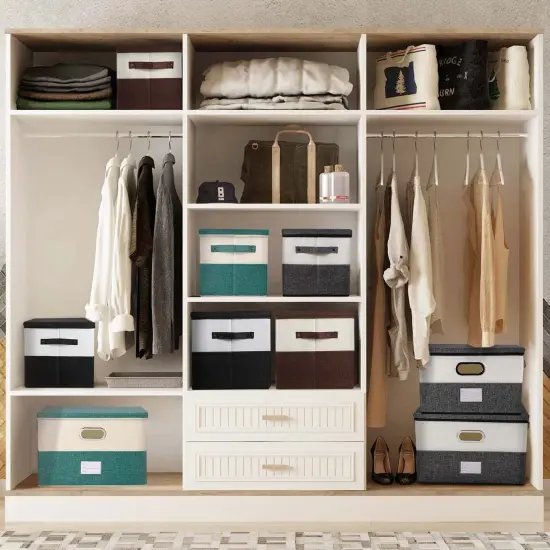 Large Linen Fabric Foldable Storage Bins with Removable Lid and Handles, Washable Storage Box Organizer Containers Baskets Cube with Cover for Bedroom,Closet,Office (Turquoise&Cream, Medium) {3}