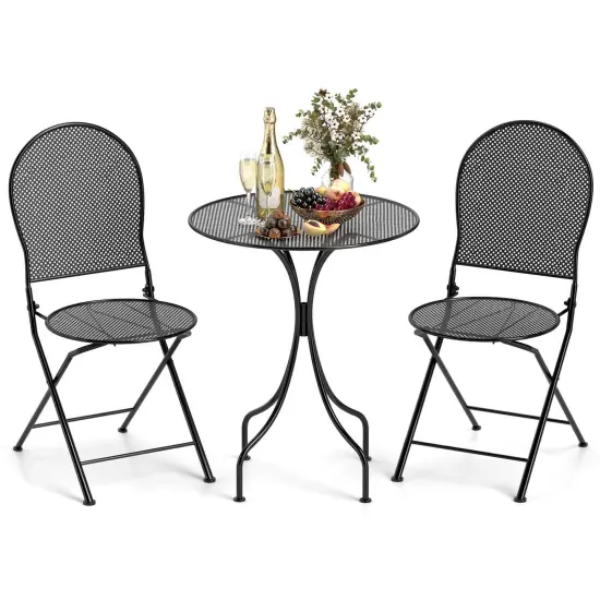 Costway 3 PCS Metal Bistro Set Round Table & 2 Folding Chairs with Rattan-Like Pattern Black/White {2}