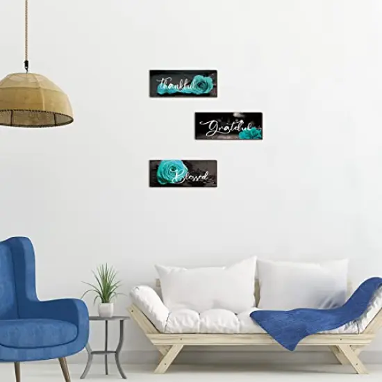 3 Pieces Rose Wooden Wall Decor Thankful Grateful Blessed Wooden Signs Inspirational Wall Art Signs Wedding Wall Decor for Room Kitchen Bathroom (Teal,16 x 6 Inch) {5}