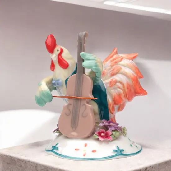 Ceramic Rooster Playing Bass Instrument Figurine, Bass Player Gift, Musician Gift, Farmhouse Decor {2}