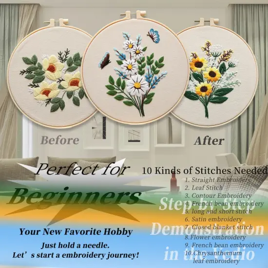 Embroidery Kit for Beginners，Plants Flowers Pre-Stamped Pattern Kits {4}