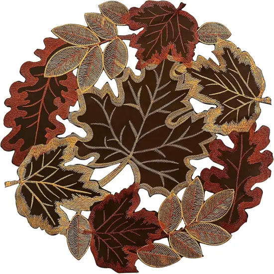 Set of 4 Round Fall Embroidered Placemats with Maple Leaves Design - 13.7 &times; 19.6 inches {1}