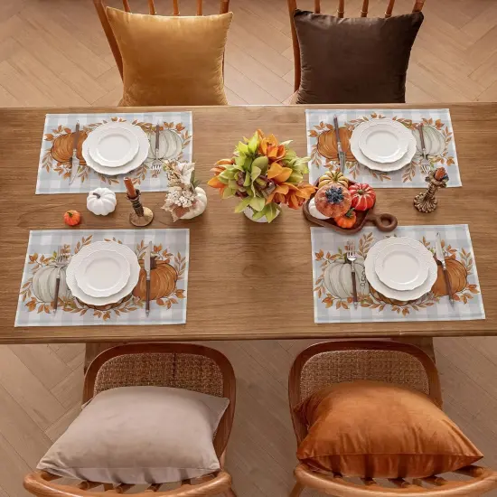 Set of 4 Pumpkin Grey and Blue Buffalo Plaid Placemats - 12 X 18 Inch {2}