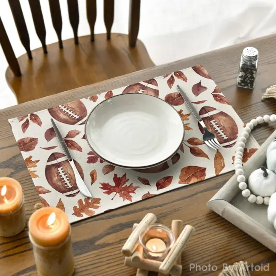 Set of 4 Football Rugby Leaves Fall Placemats - 12x18 Inch (Brown/Orange) {4}
