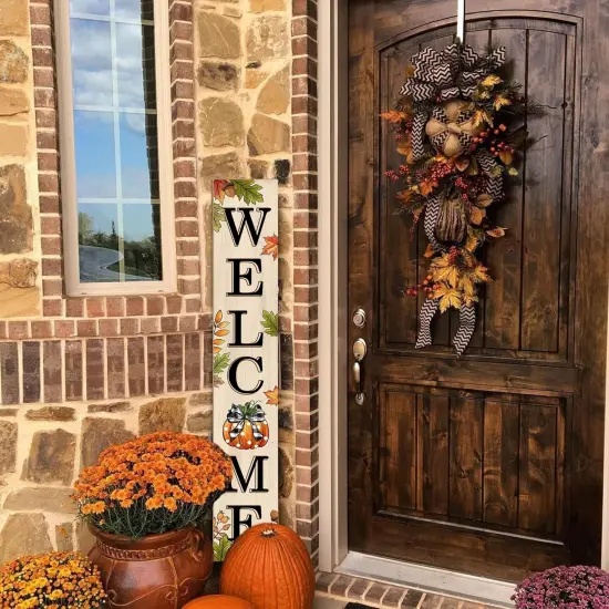 Welcome Sign 47 inch Autumn Pumpkin Vertical Wooden Porch Sign Front Door(White) {6}