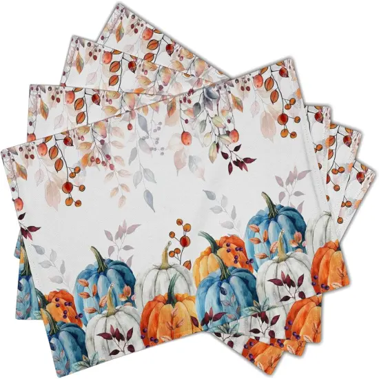 Set of 4 Autumn Pumpkins Leaves Fall Placemats - 12x18 Inch {4}
