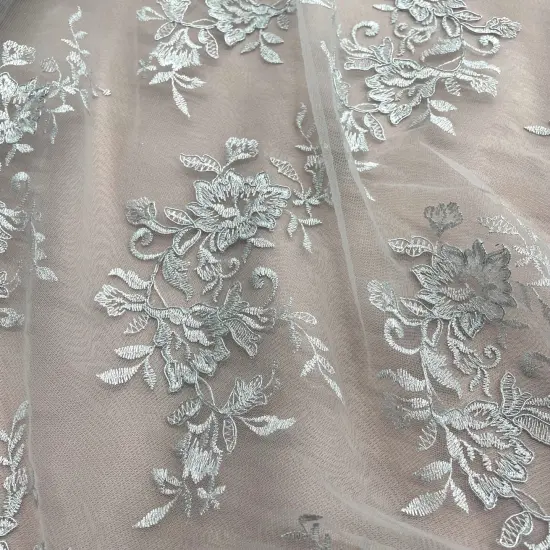 1 Yard Corded Bridal Lace Fabric Embroidered Net Mesh Sage Pink 53" Width Beige/Gold {3}