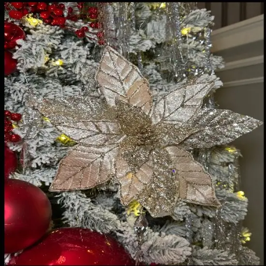 Champagne Glittered Poinsettia Christmas Flower Stem Spray 13'' Set of 3 {5}
