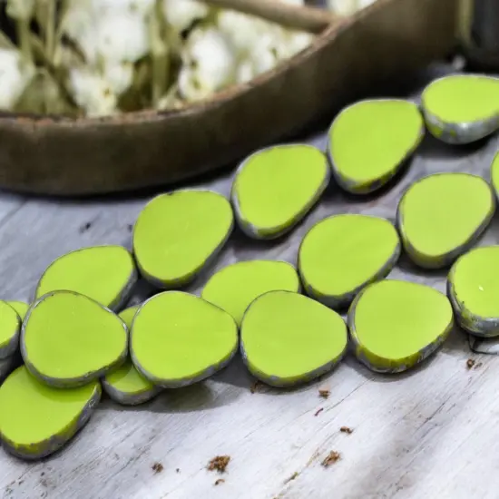 12x18mm Opaque Advacado Green Picasso Table Cut Flat Teardrop Beads {4}