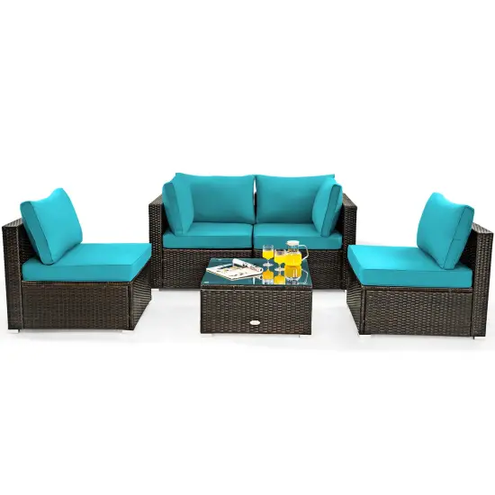5 Pieces Cushioned Patio Rattan Furniture Set with Glass Table Navy {9}