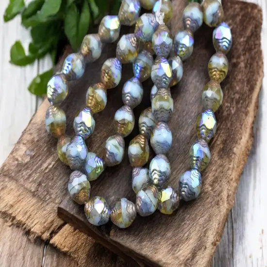 *15* 6x8mm Bronze Washed Blended Turquoise Topaz AB Oval Cathedral Beads {1}